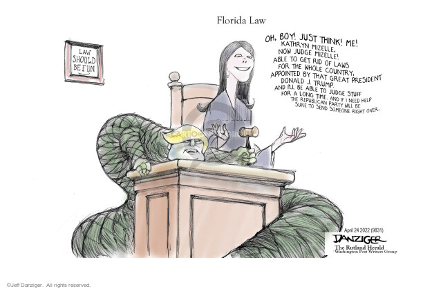 Florida Law. Law should be fun. Oh, boy! Just think! Me! Kathryn Mizelle, now Judge Mizelle! Able to get rid of laws for the whole country, appointed by that great president Donald J. Trump. And Ill be able to judge stuff for a long time. And if I need help the republican party will be sure to send someone right over … 
