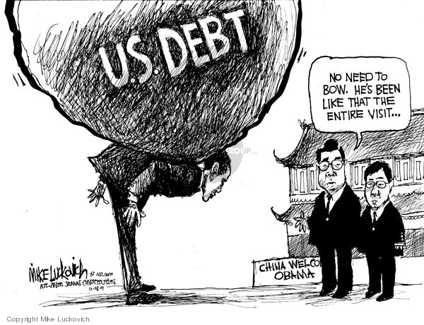U.S. Debt.  China Welcomes Obama.  No need to bow.  Hes been like that the entire visit.