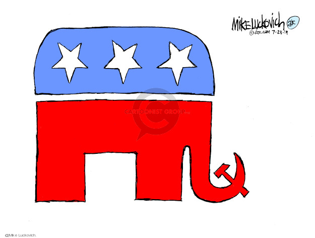 No caption (The iconic elephant symbol representing the Republican party has a Russian hammer and sickle for a trunk).
