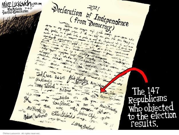 2021 Declaration of Independence from Democracy. The 147 Republicans who objected to the election results.
