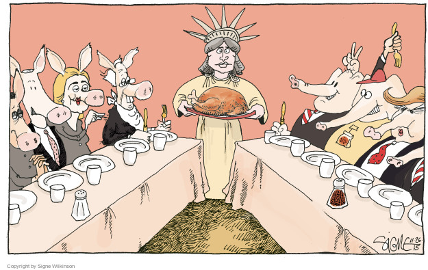 No caption (Lady Liberty serves a turkey to various Democrat and Republican presidential candidates).