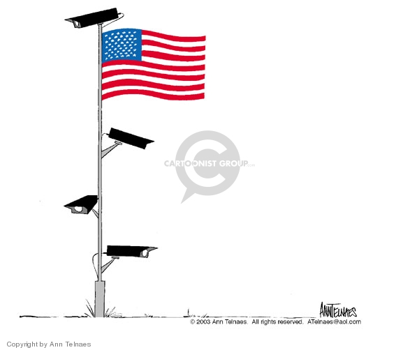 No caption.  (American flag waves from a flag pole to which multiple surveillance cameras are attached.)