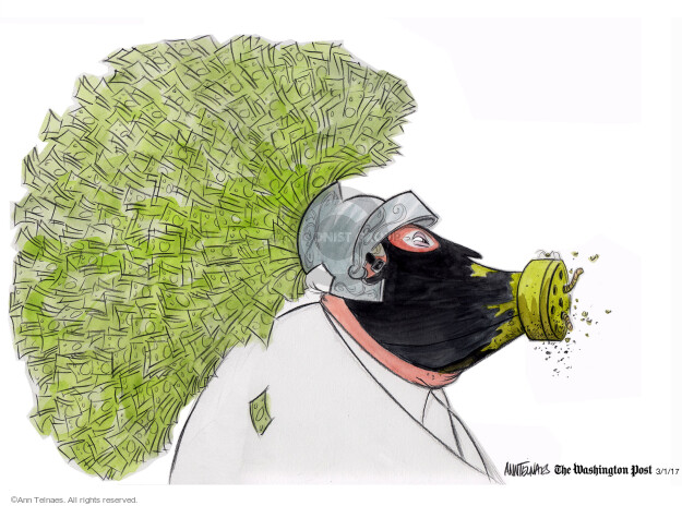 No caption (President Donald Trump wears a gas mask that is covered in green slime and worms.  A large amount of cash emerges from the back of a helmet he also wears).
