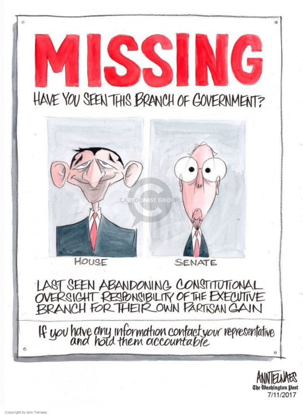 MISSING.  Have you seen this branch of government?  House.  Senate.  Last seen abandoning constitutional oversight responsibility of the executive branch for their partisan gain.  If you have any information contact your reprepentative and hold them accountable.