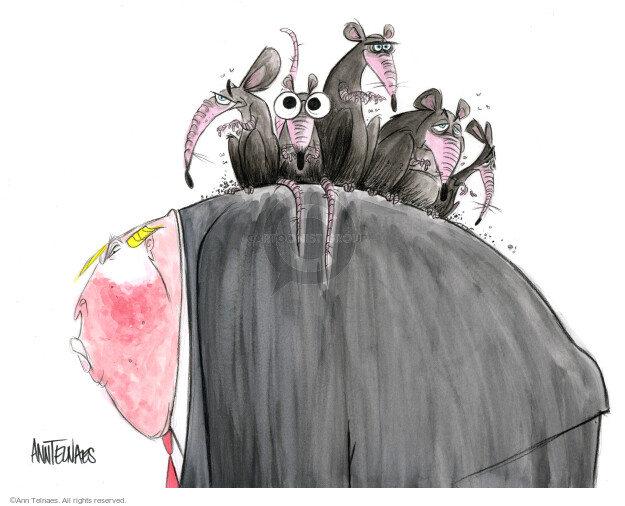 No caption (President Donald Trump is bent over and there is a group of rats standing on his back).
